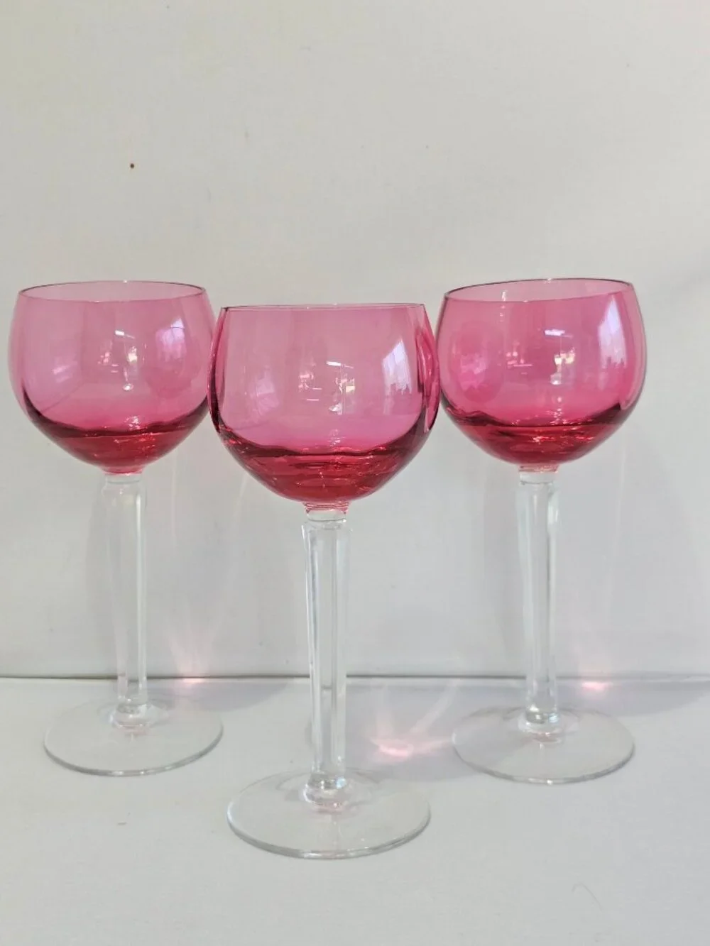 Cranberry Pink Wine Glasses Set/3 Mid Century Modern Vintage Cocktail Goblets Fa - Picture 8 of 9
